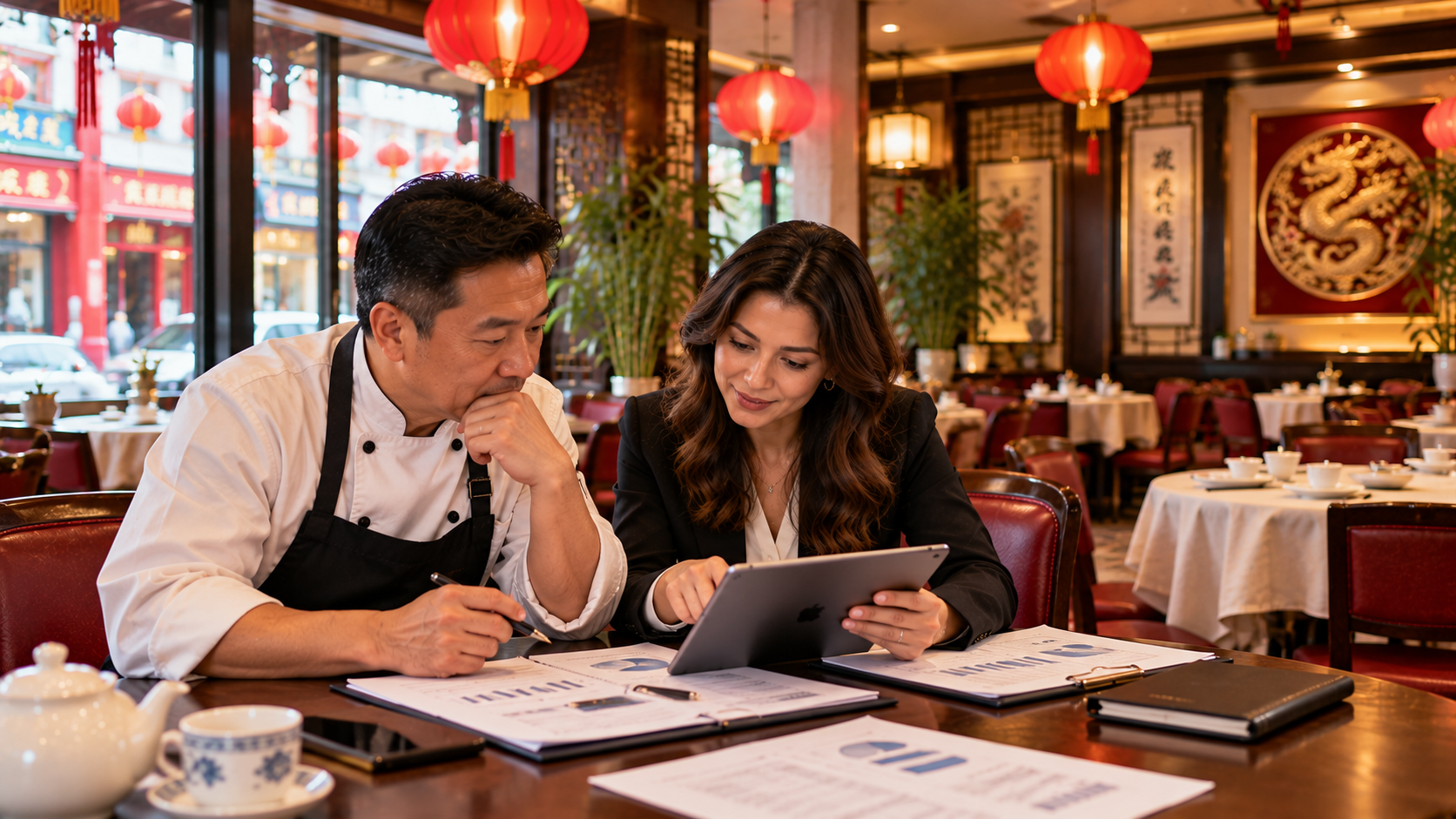 Tax Advisor in Chinatown helping a restaurant owner before opening