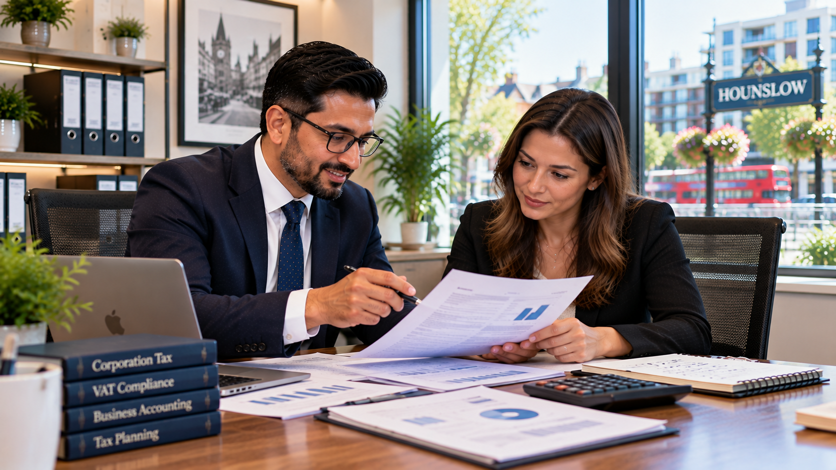 Professional tax consultants in Hounslow reviewing client accounts