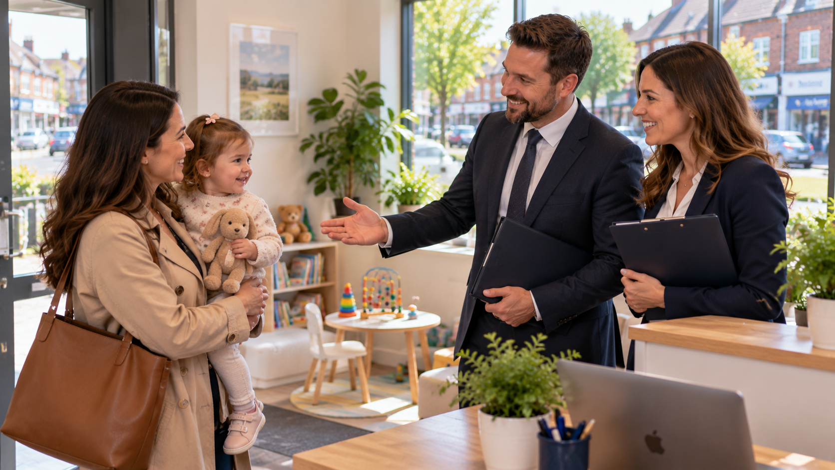 Friendly tax specialists in Sale welcoming a young parent