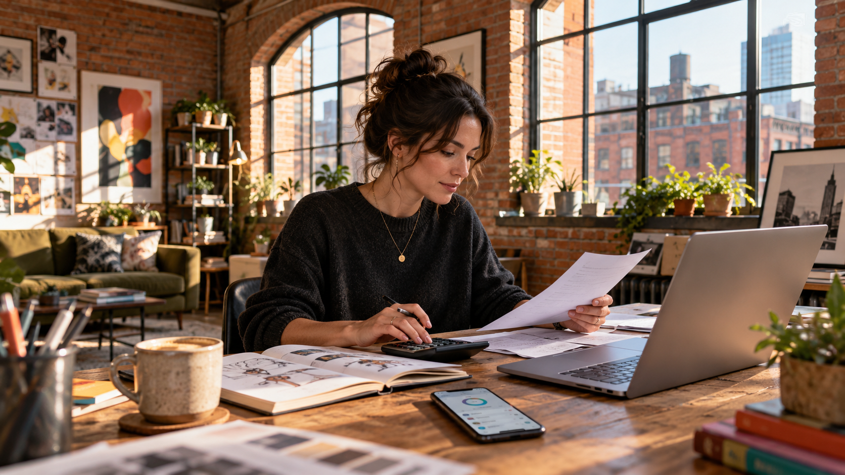 Freelancer preparing her self employed tax return in a Manchester studio
