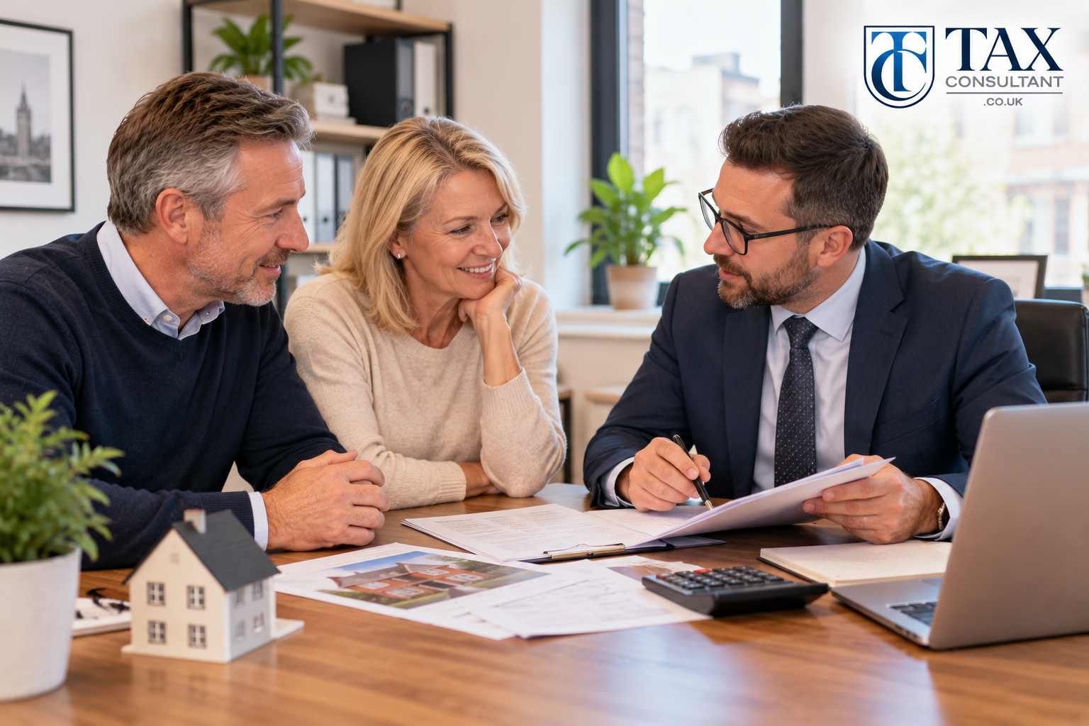 Couple discussing joint rental property ownership with a tax advisor