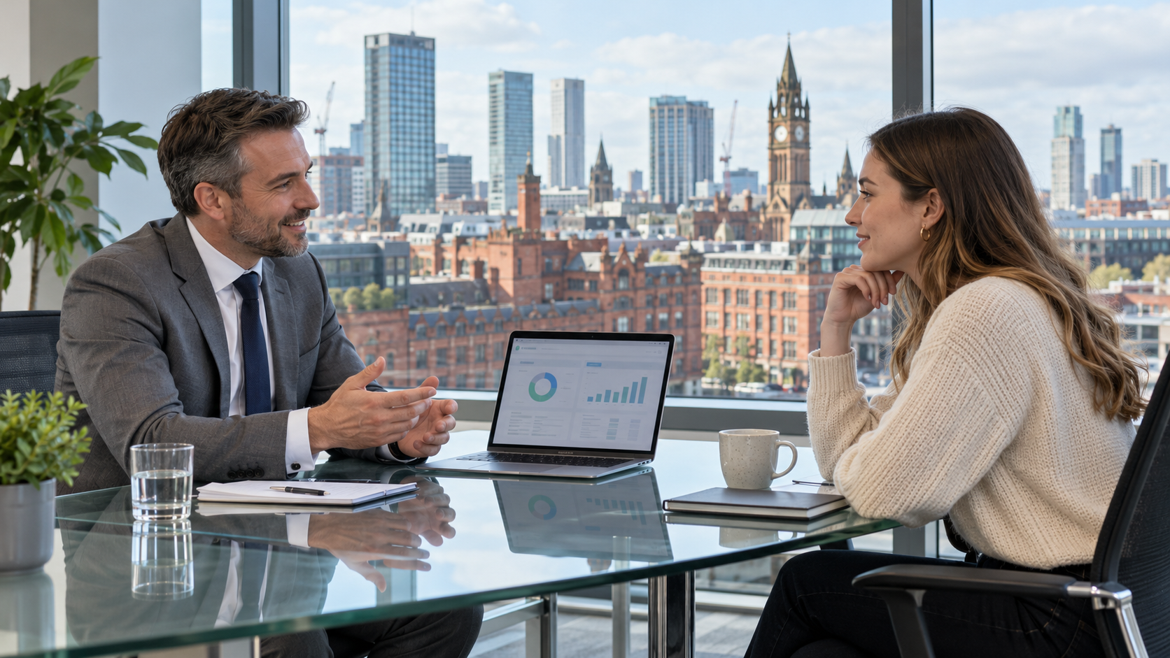 Self assessment Manchester advisor meeting a client in a city center office