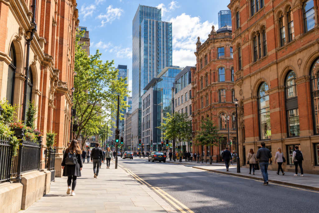 Street view near St James Tower on Charlotte Street in Manchester