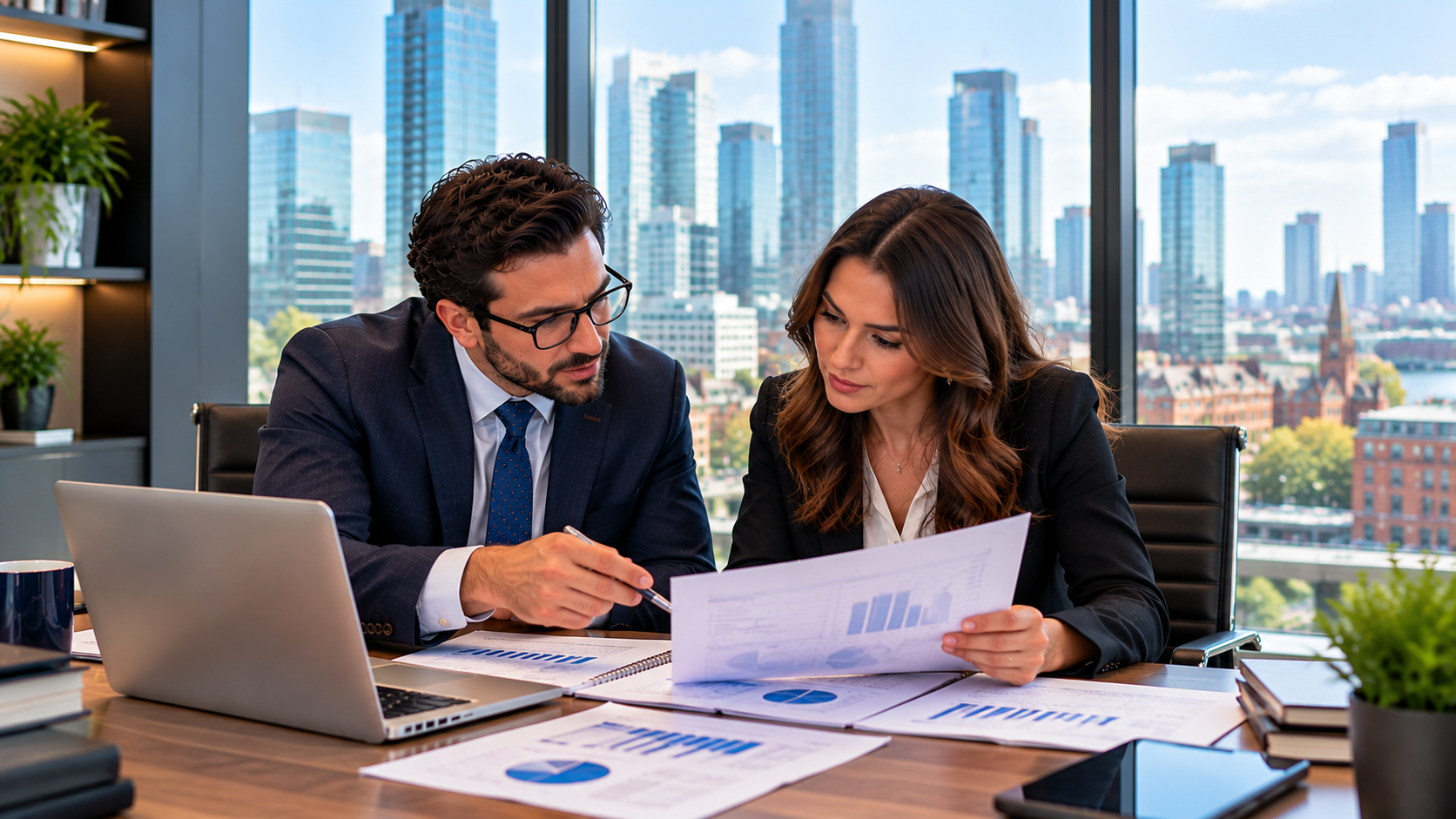 Tax specialists in Spinningfields reviewing a client report